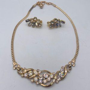 Signed Coro Gold Tone Rhinestone Choker /Earrings
